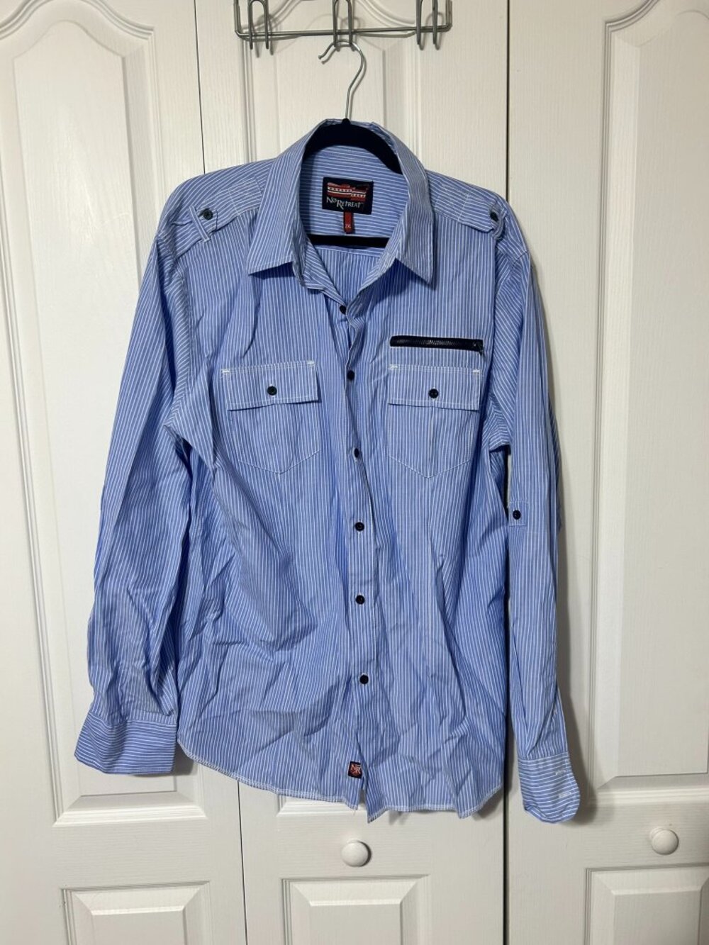 No Retreat Blue White Striped Button Up Shirt Mens Casual